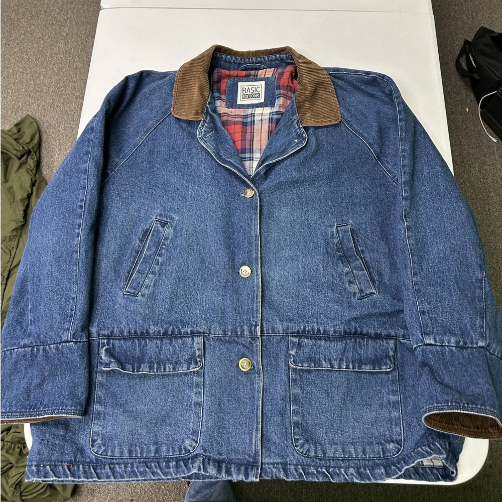 Basic Editions Denim Barn Jacket Mens XL Blue Flannel Lined Corduroy Collar